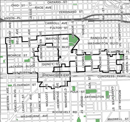 Central West TIF district map, roughly bounded on the north by Lake Street, Polk Street on the south, Peoria Street on the east, and Western Avenue on the west.